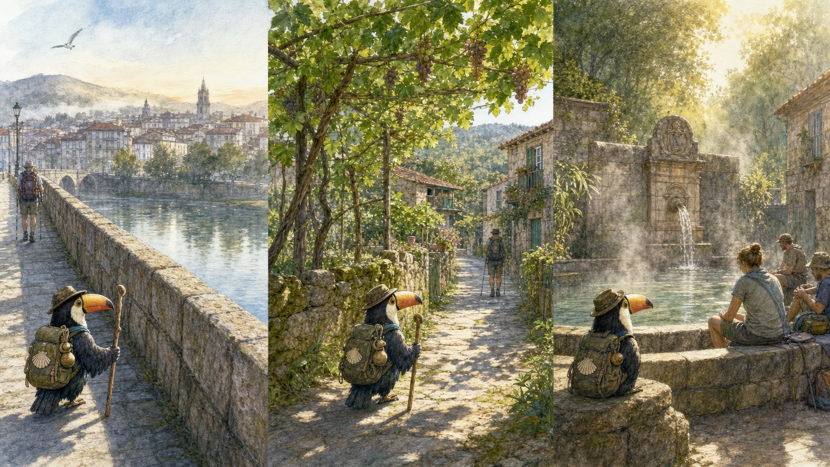Ponte do Burgo，橋欄、城市背影與朝聖方向