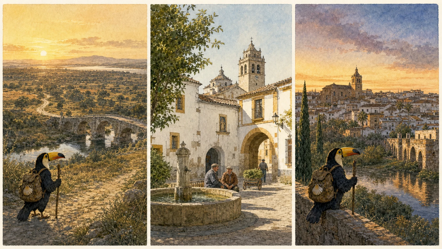 Villafranca de los Barros 離城後的合法公共路段，古橋、烈日與開闊德赫薩與朝聖路在遠景中的比例