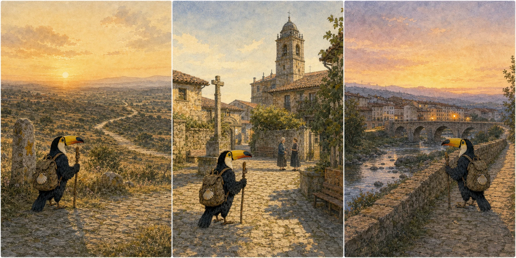 Aldeanueva del Camino 離城後的合法公共路段，砂岩金、長天際與羅馬里程碑與朝聖路在遠景中的比例
