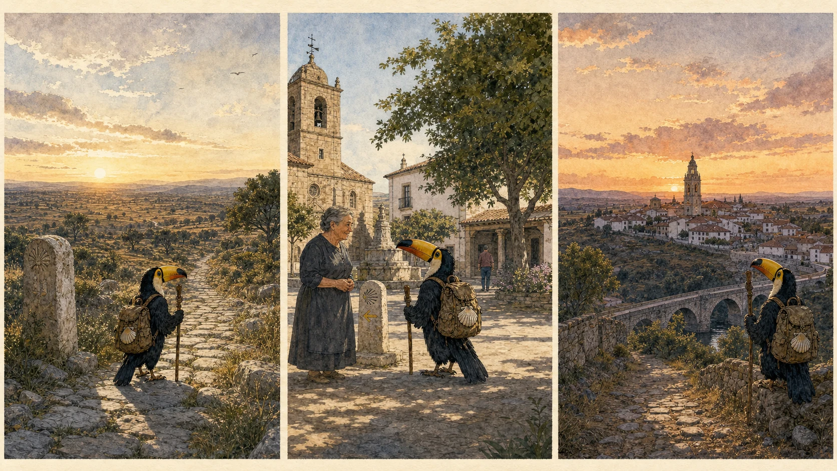 La Calzada de Béjar 離城後的合法公共路段，砂岩金、長天際與羅馬里程碑與朝聖路在遠景中的比例