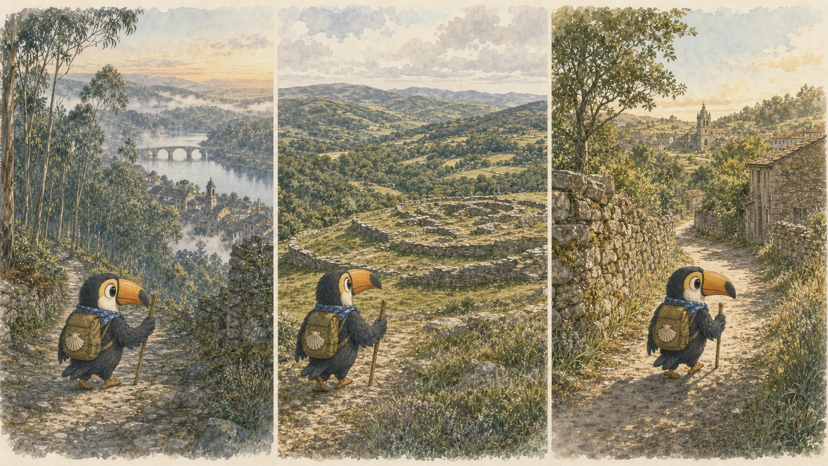 Portomarín 上坡晨霧：道路如何離開起點
