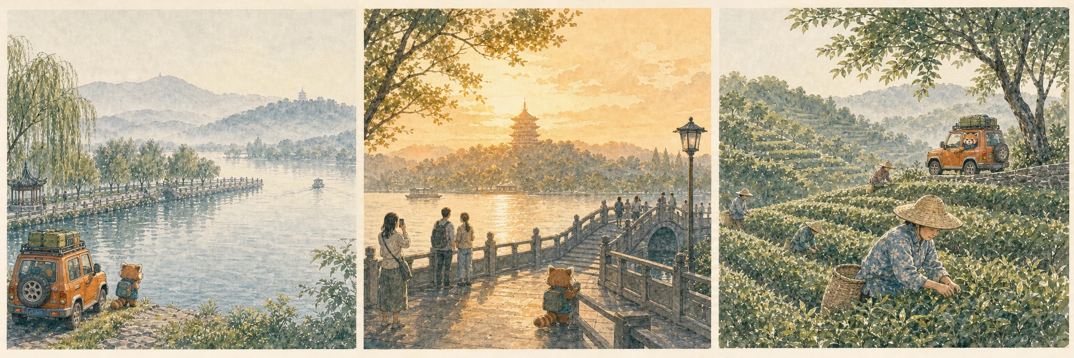 蘇堤/湖岸:堤線、霧氣與遠山