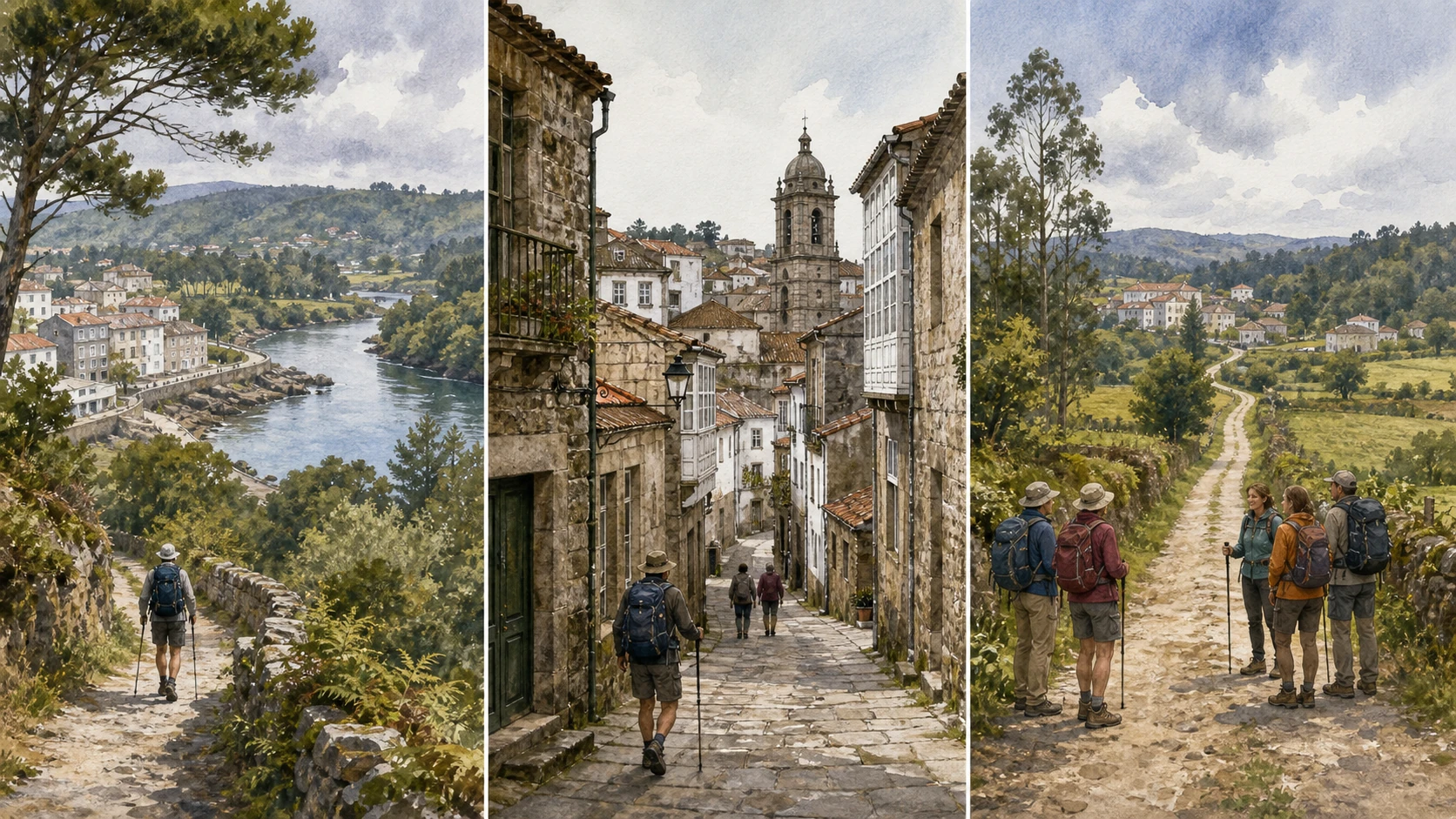 Miño 河谷、Betanzos 城鎮與經 As Travesas 前往 Bruma 的三場景編輯插畫