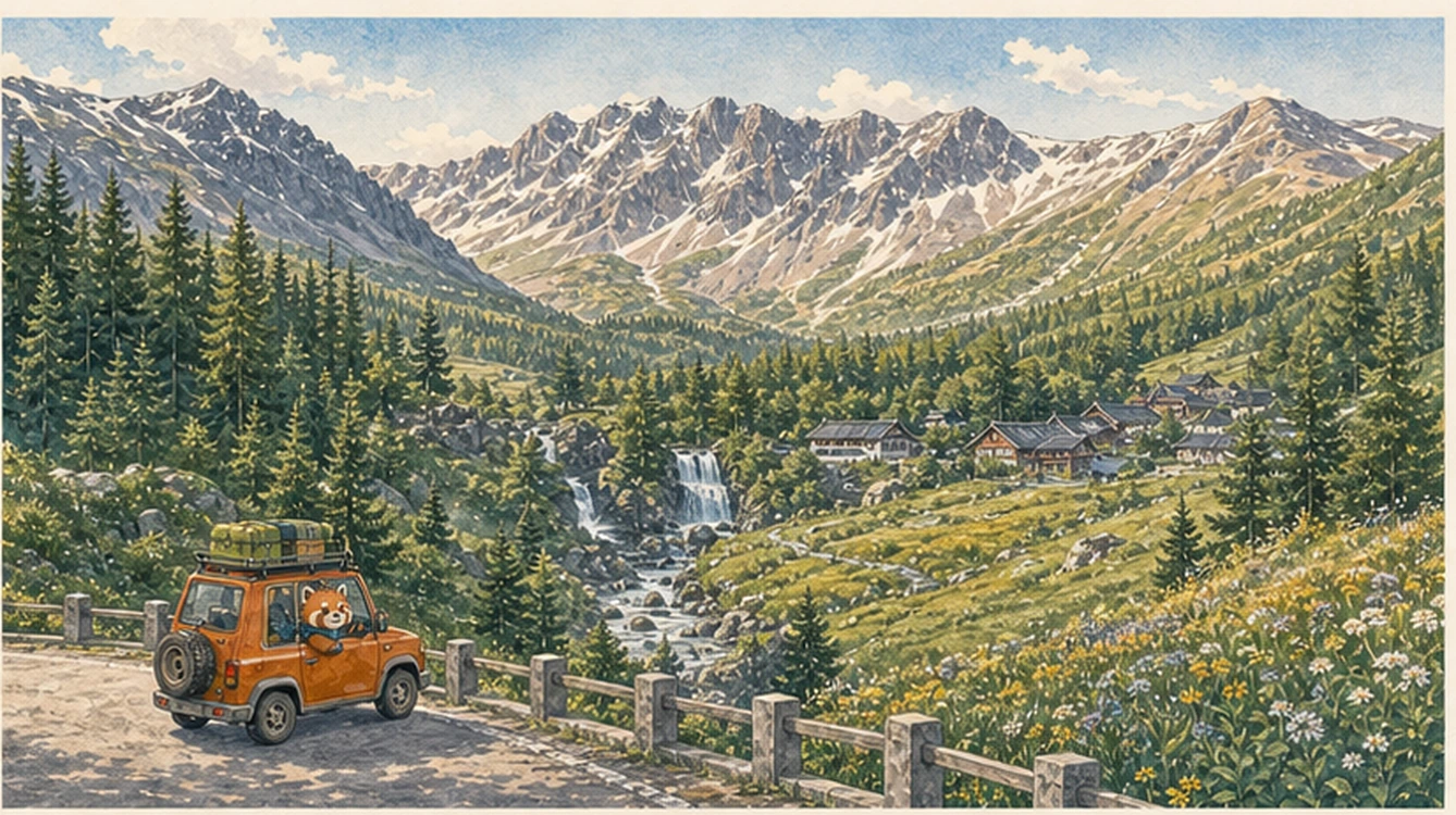 長白山針葉林、雪線山峰、溪流瀑布與高山草甸在清澈晨光下層層展開。