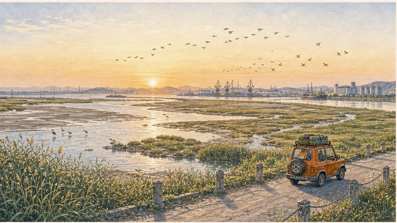 丹東沿海潮灘、鴨綠江口蘆葦、遷徙鳥群與遠方工作港口映著日出。
