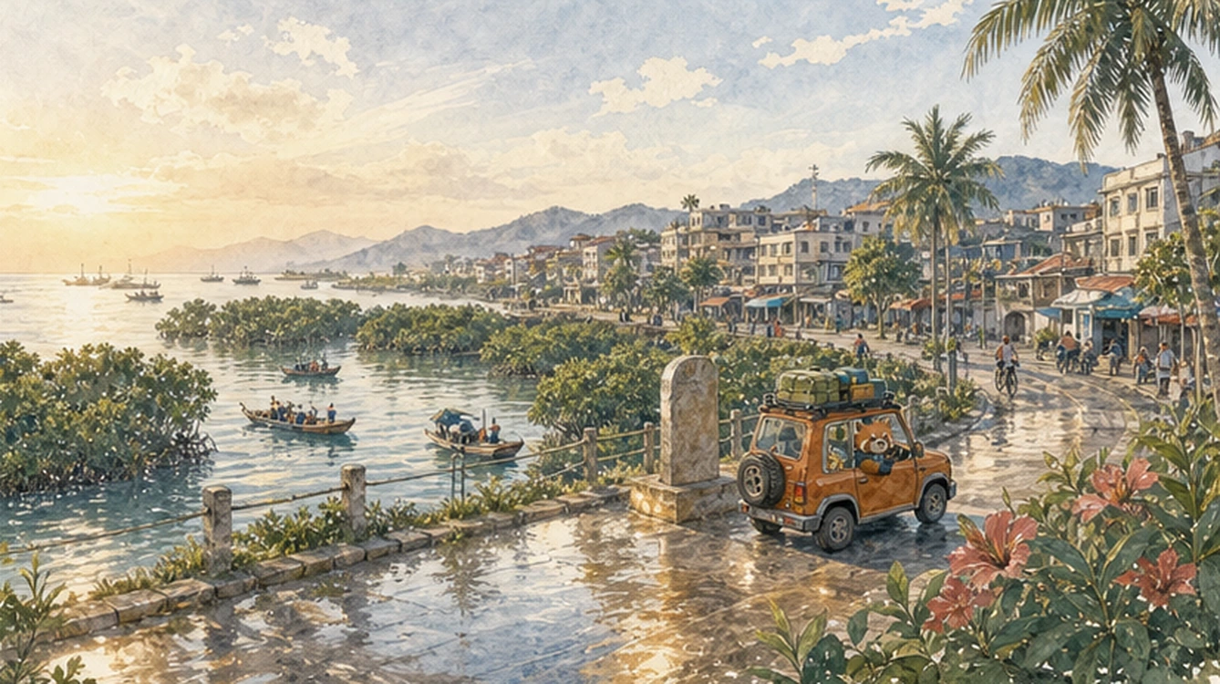 東興海岸日出、界河與歸來的橘色遠征車,三條旅程在金色晨光中完成閉環