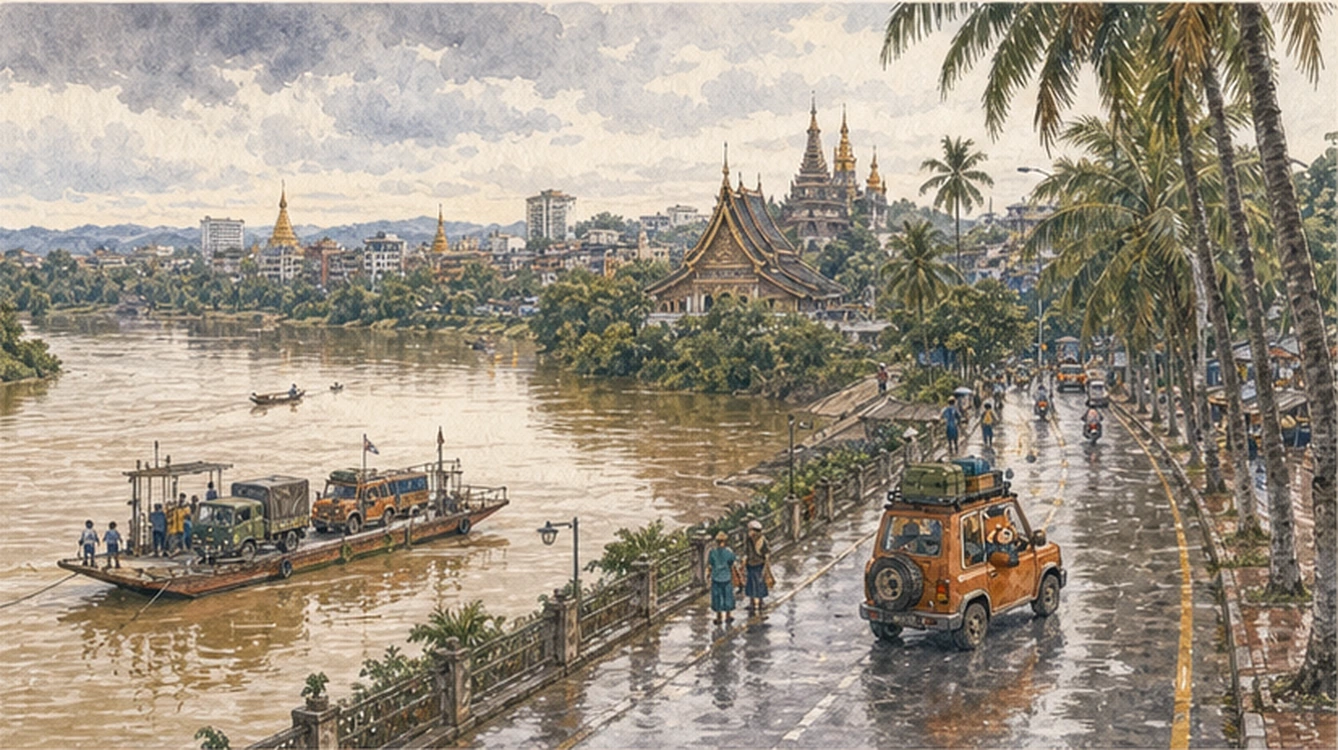 景洪瀾滄江、工作渡船、熱帶樹木與城市中的傣式屋頂在雨後晨光裡閃亮。