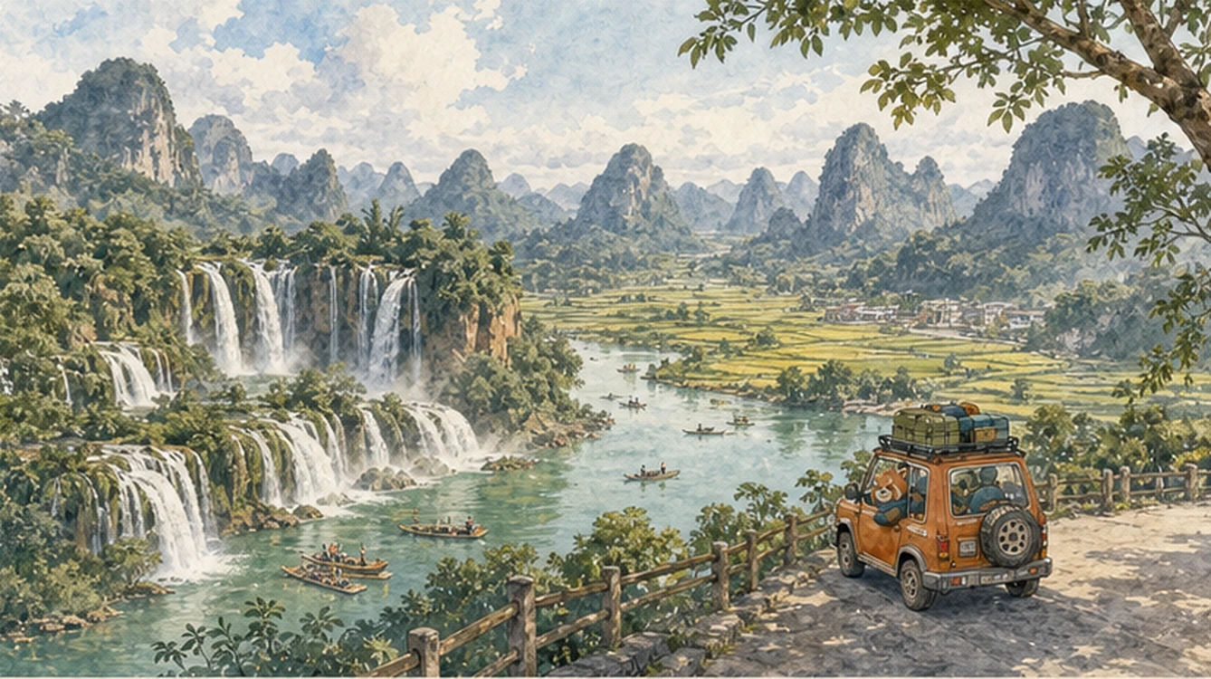 德天瀑布與青翠喀斯特峰林在日光下展開,橘色遠征車停在河谷公路旁