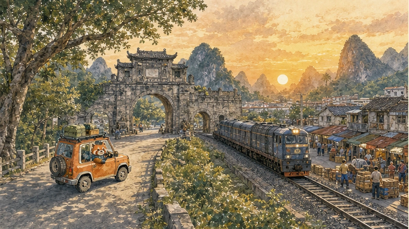 友誼關城樓、翠綠山谷與蜿蜒邊境道路,橘色遠征車穿過南疆晨光