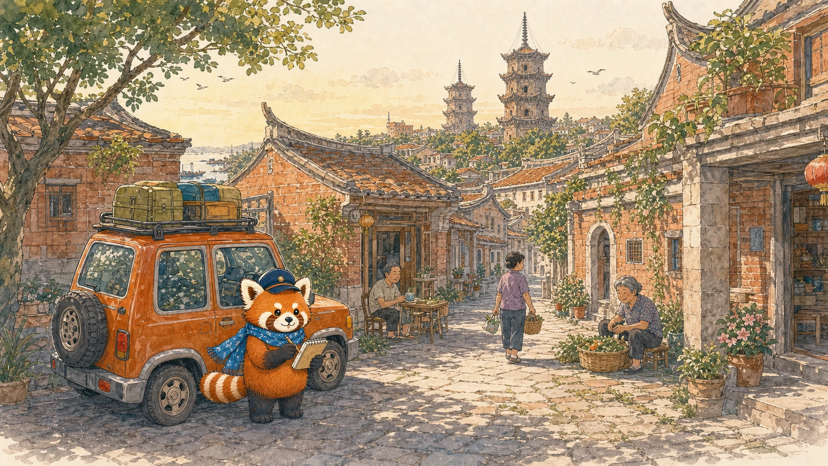 泉州暖金海光下的紅磚古厝、開元寺雙塔與遠方港灣,遠征車停在石巷旁。