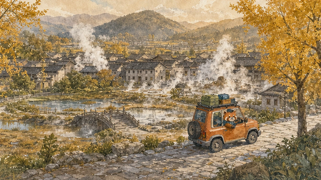 騰衝火山丘、地熱蒸氣、銀杏院落、濕地與灰瓦古村在琥珀秋光中交織。