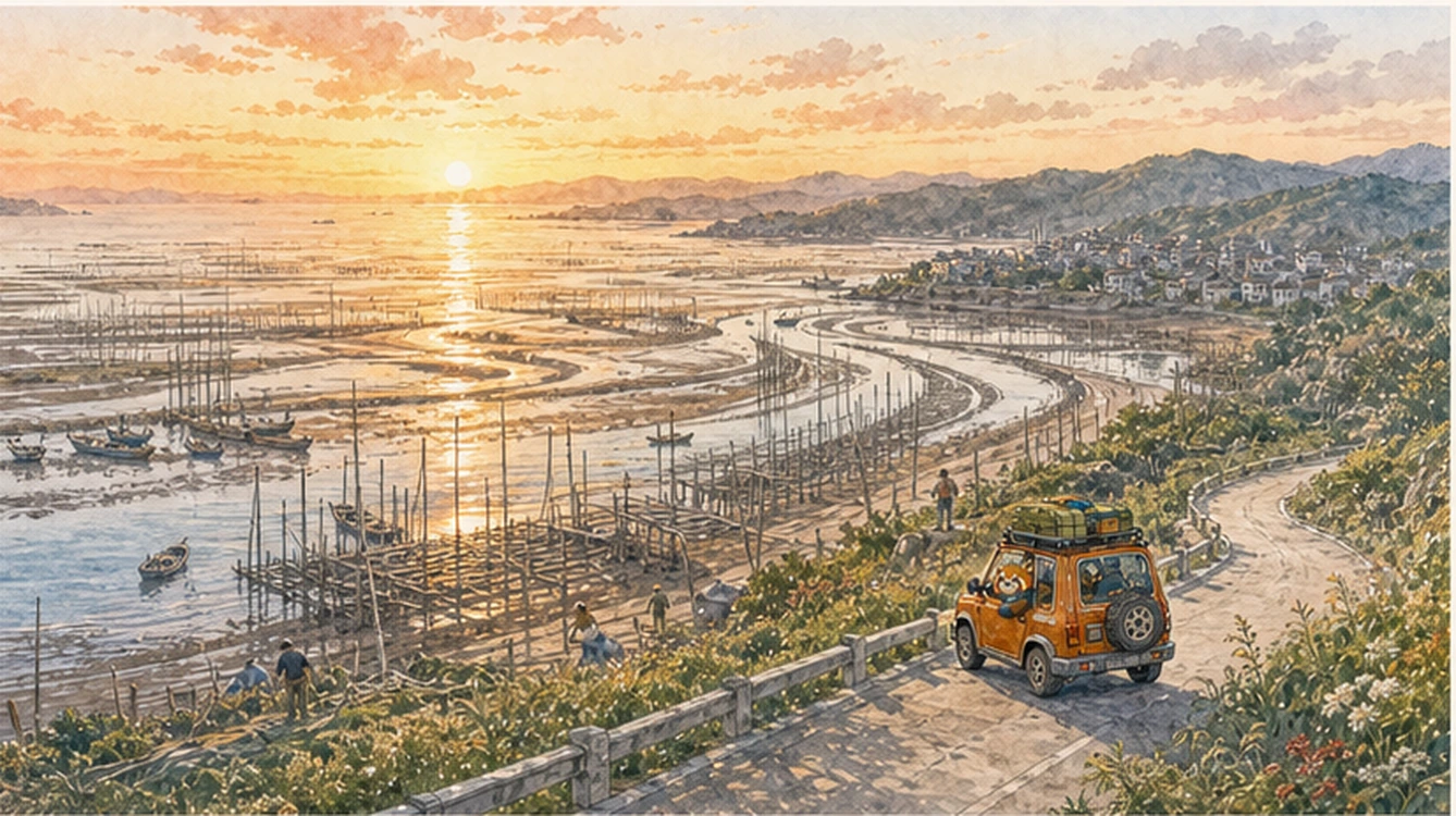 霞浦退潮後的灘塗、竹竿、漁船與銀色水道在日出下形成層層光影。